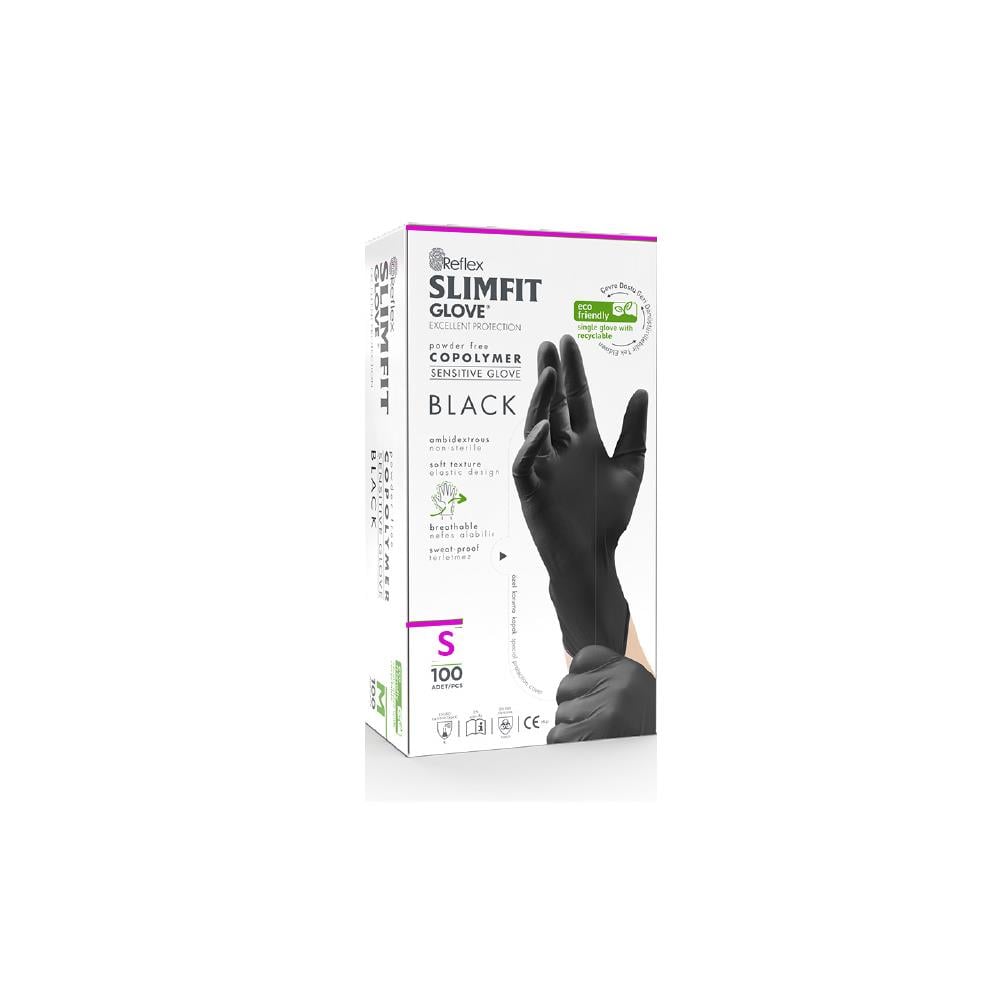 Reflex Slim Fit Pudrasız Eldiven Siyah S Beden Yeni Nesil Teknoloji 100'lü Paket resmi