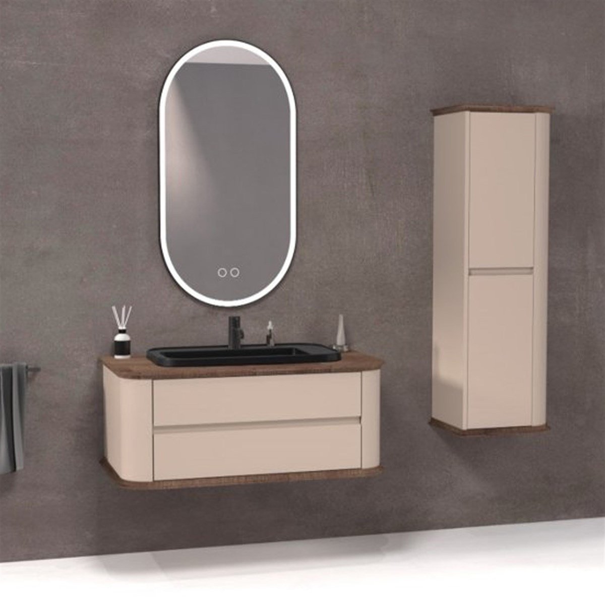 Aquanil Pier 100 Cm Siyah Lavabolu Banyo Dolabı - Vizon resmi