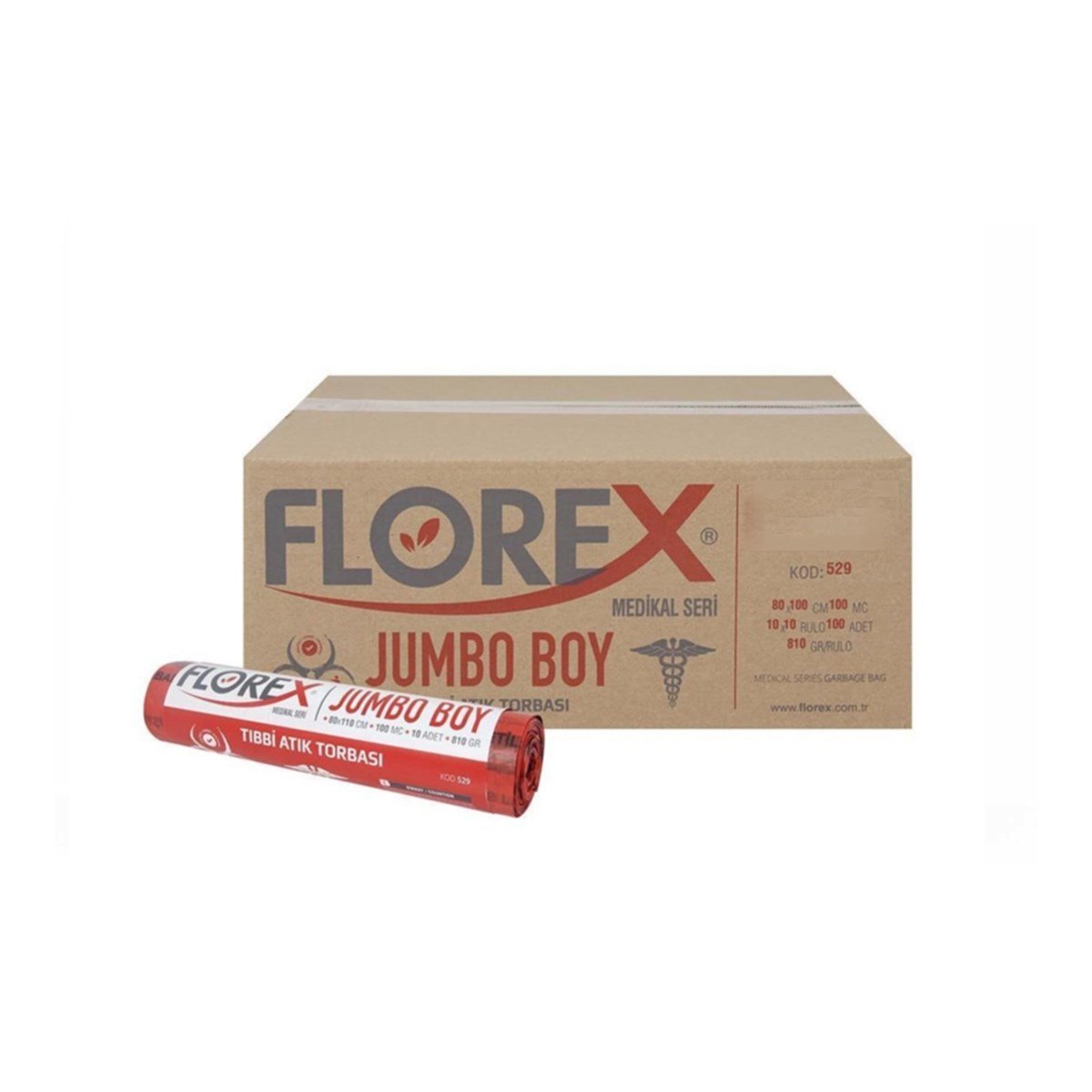 Florex 529 Tıbbi Atık Baskılı Jumbo Kırmızı Çöp Poşeti 80X110Cm 10 Rulo (1 Rulo 10 Adet) resmi