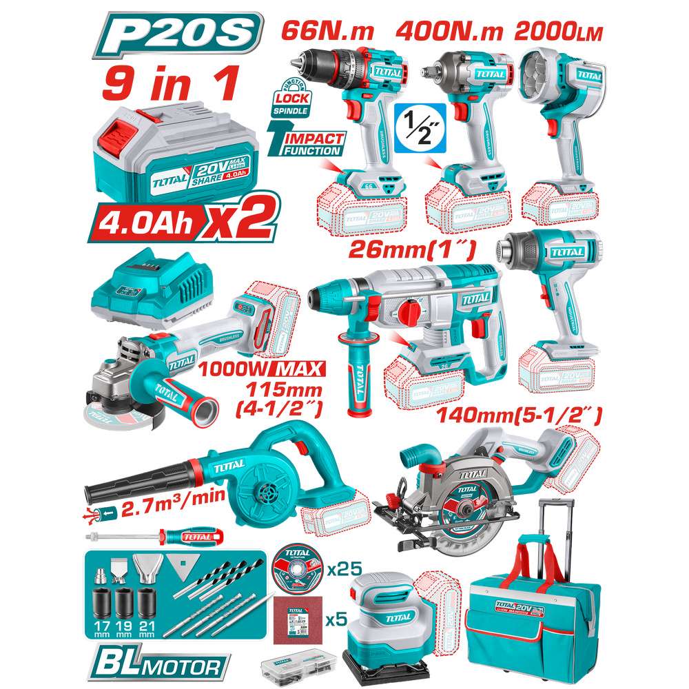 Total 9'Lu Avantaj Set Matkap + Somun Sıkma + Işık + Taşlama + Kırıcı Delici + Sıcak Hava + Üfleme + Daire Testere + Zımpara TOSLI250381E-6 resmi