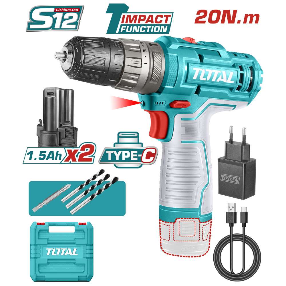 Total Akülü Darbeli Matkap Vidalama 12V 2X1,5 Ah TIDLI122028 resmi
