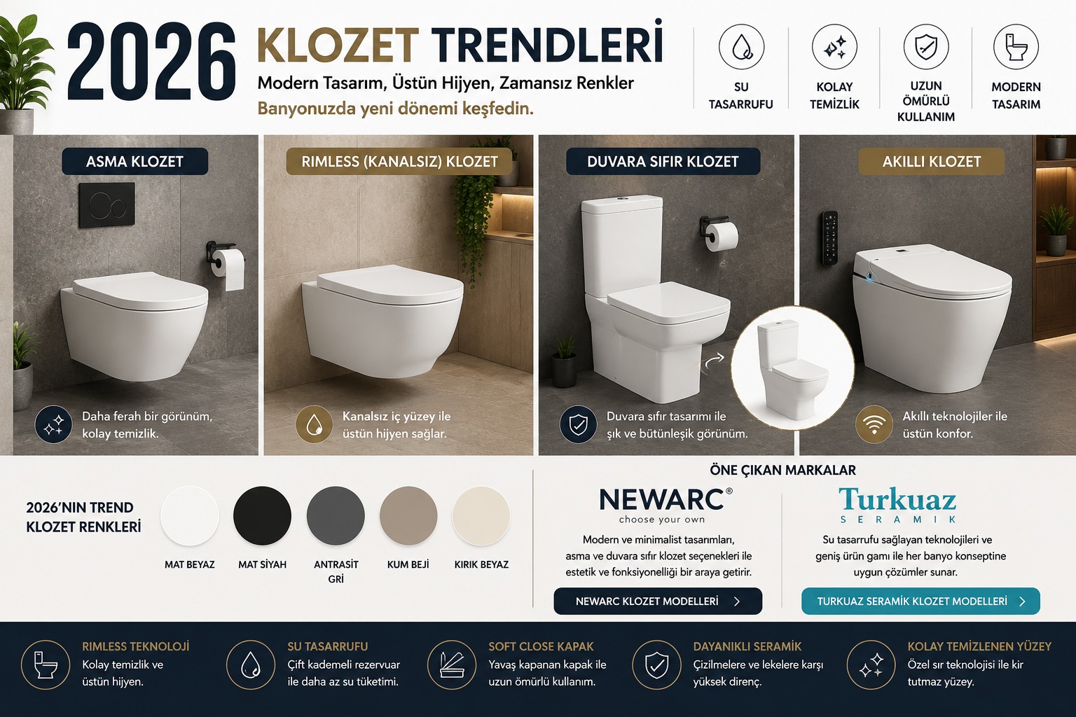 2026 Klozet Trendleri: NEWARC ve Turkuaz Seramik’in Öne Çıkan Klozet Modelleri